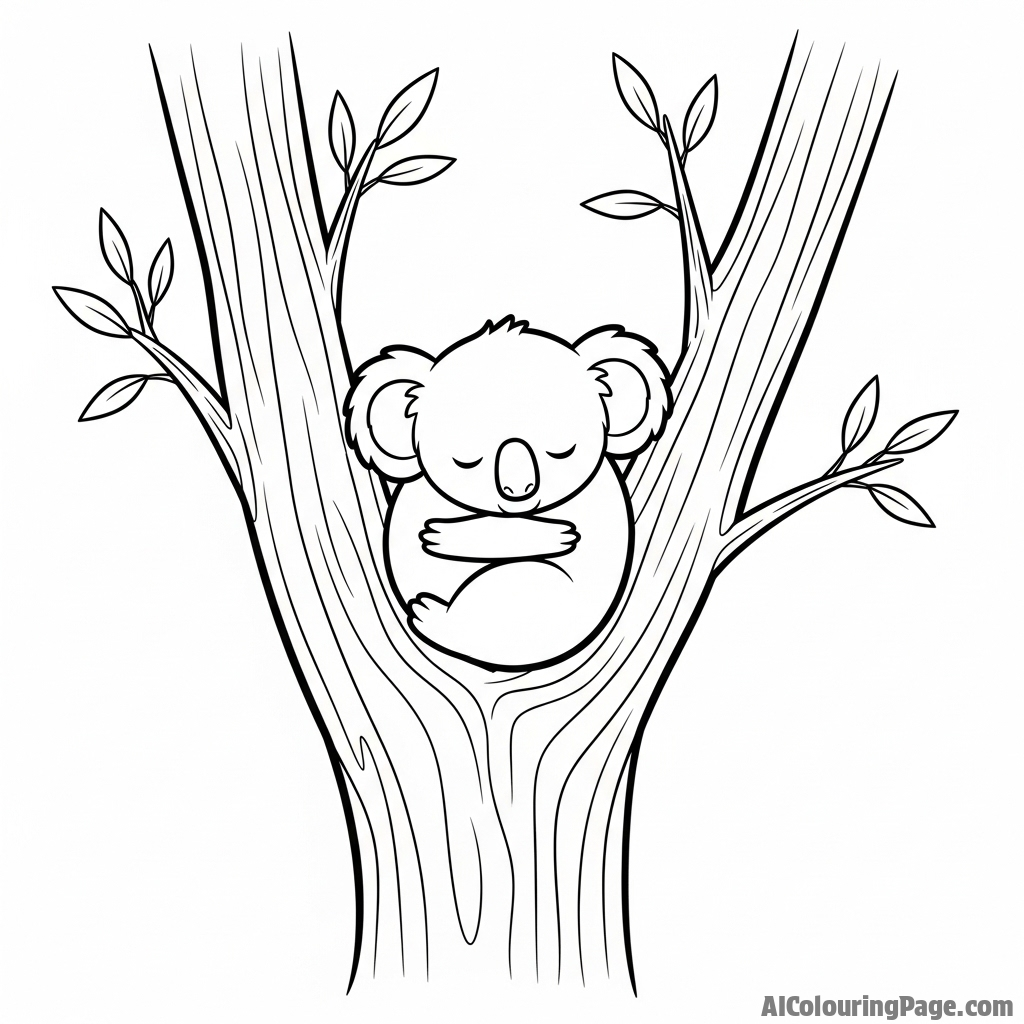 A koala curled into a perfect ball, sleeping in the fork of a tree.