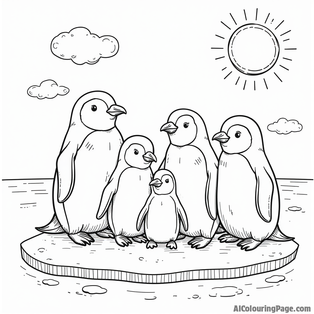 A family of penguins huddled together on an ice floe with a bright sun and fluffy clouds in the background.