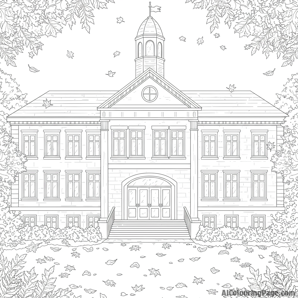 The exterior of a grand school building, surrounded by autumn leaves.