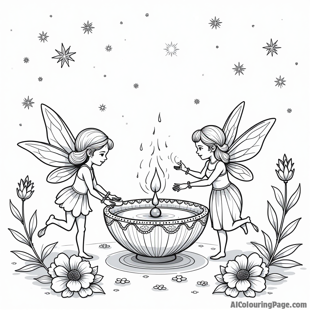 A whimsical scene of fairies decorating a giant diya with flowers and glittering stars, capturing the magical essence of Diwali, perfect for imaginative coloring in Festivals and Traditions Coloring Sheets.