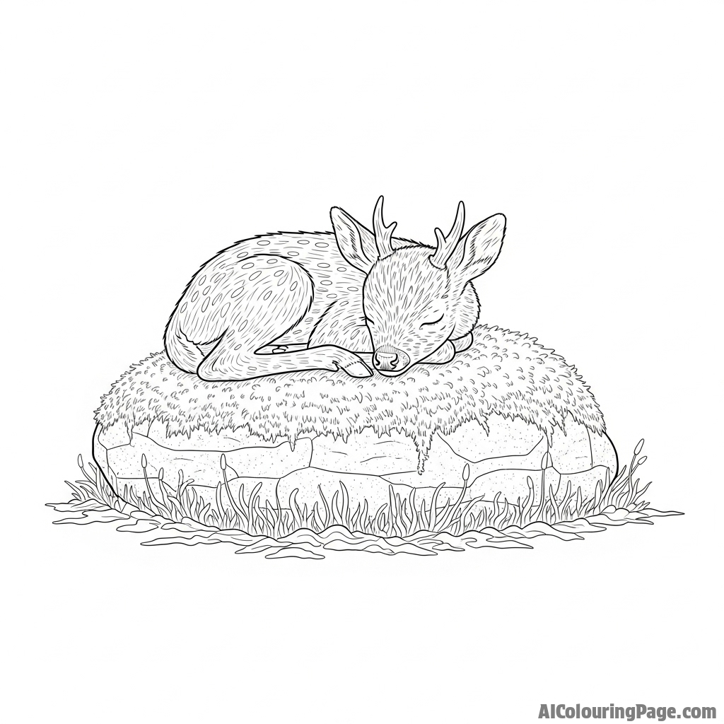A tiny deer, no bigger than a human hand, sleeping on a mossy stone.