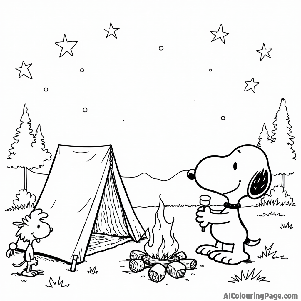 Snoopy and Woodstock camping under the stars with a tent, campfire, and marshmallows on sticks