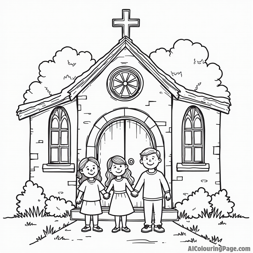 A family happily entering a church, holding hands, with stained glass windows and a welcoming door.