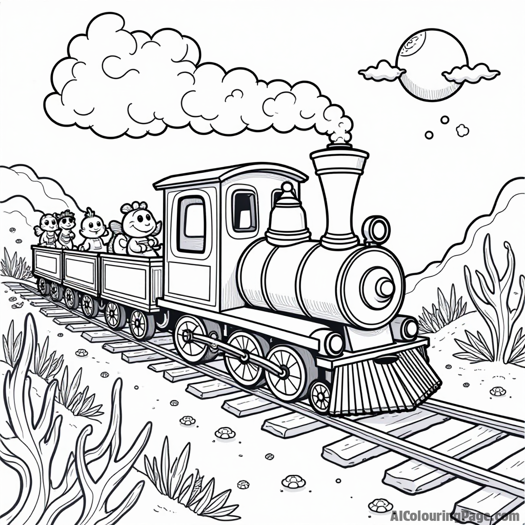 A whimsical underwater train traveling through a colorful ocean landscape, with friendly creatures peeking out from behind coral, creating a fun and imaginative coloring page.