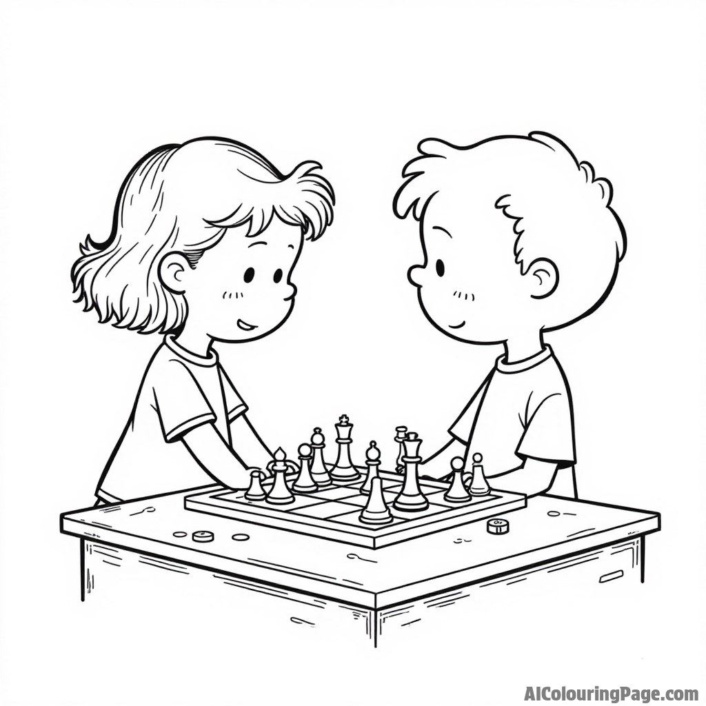 Lucy and Linus playing chess on a table with pieces scattered around and a timer ticking