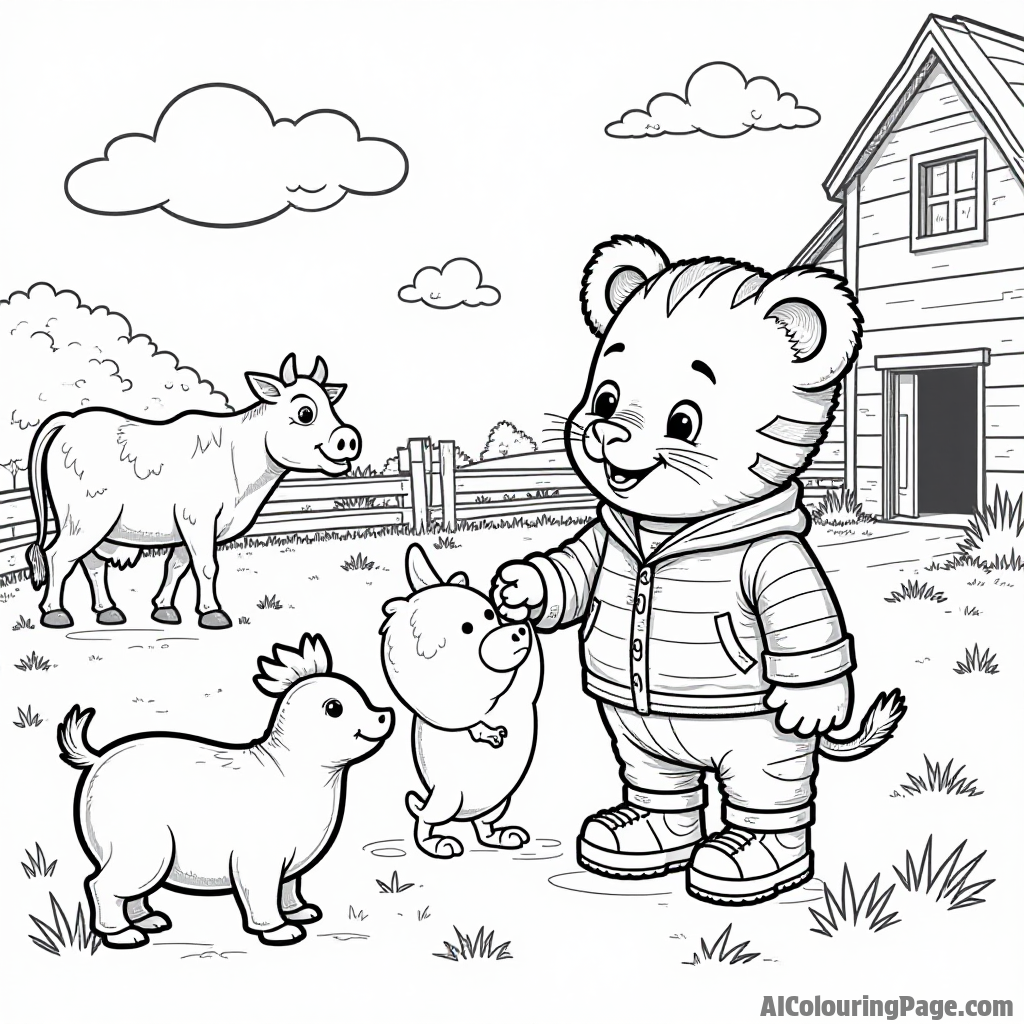 Daniel Tiger visiting a farm with his friends, surrounded by animals like cows, chickens, and pigs enjoying the sunny day.