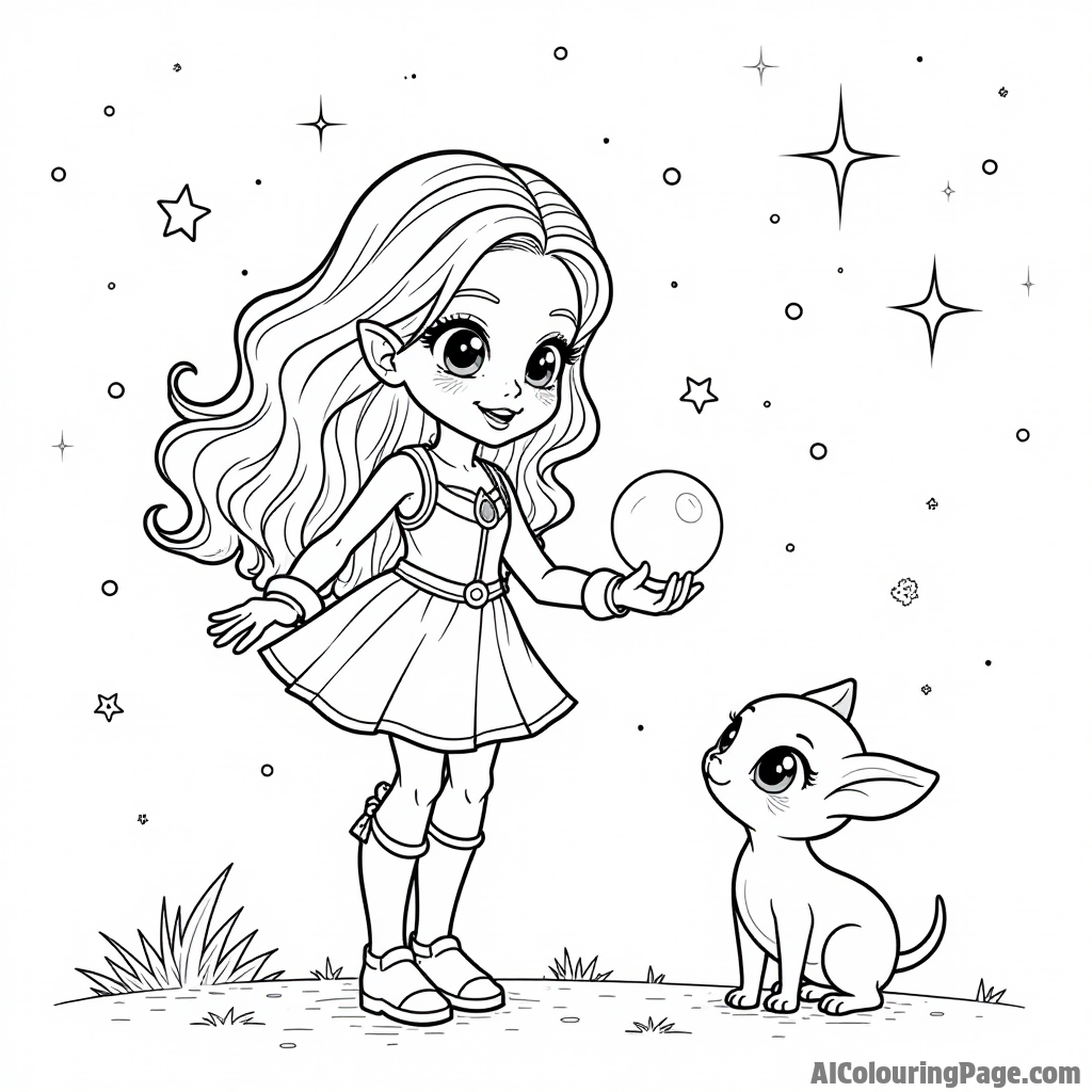 Starfire playing with glowing orbs, a cute alien pet beside her, and a starry sky filled with twinkling stars above.