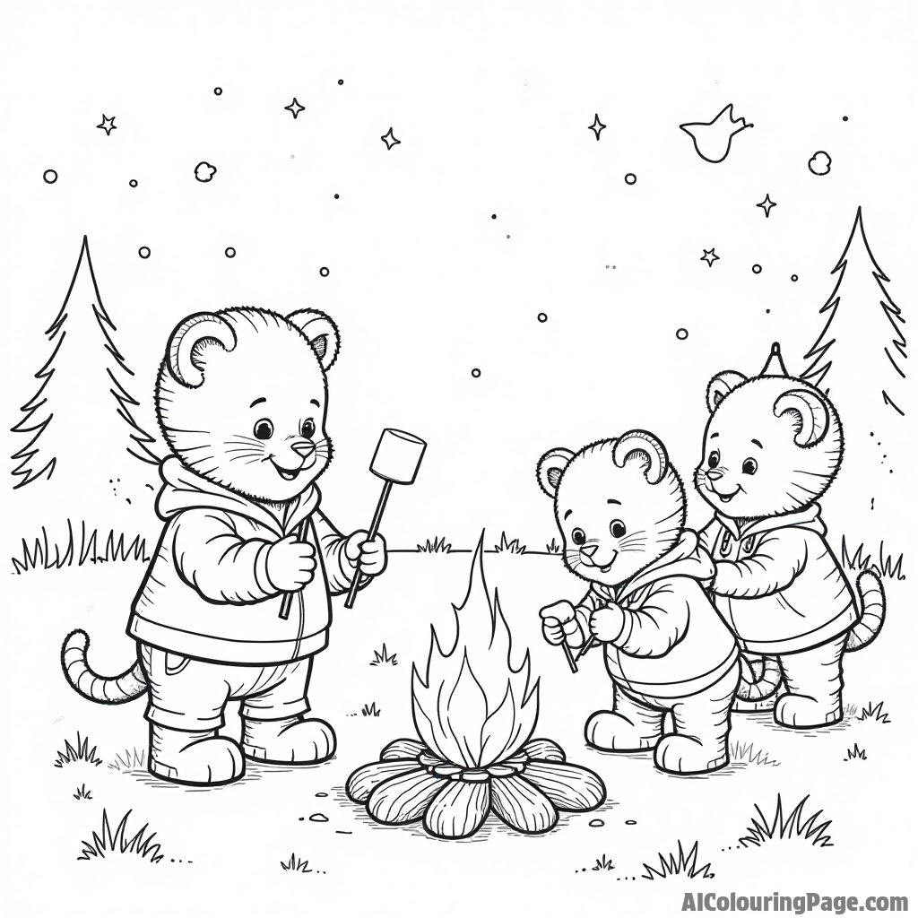 Daniel Tiger enjoying a camping trip with friends, roasting marshmallows over a campfire under a starlit sky.