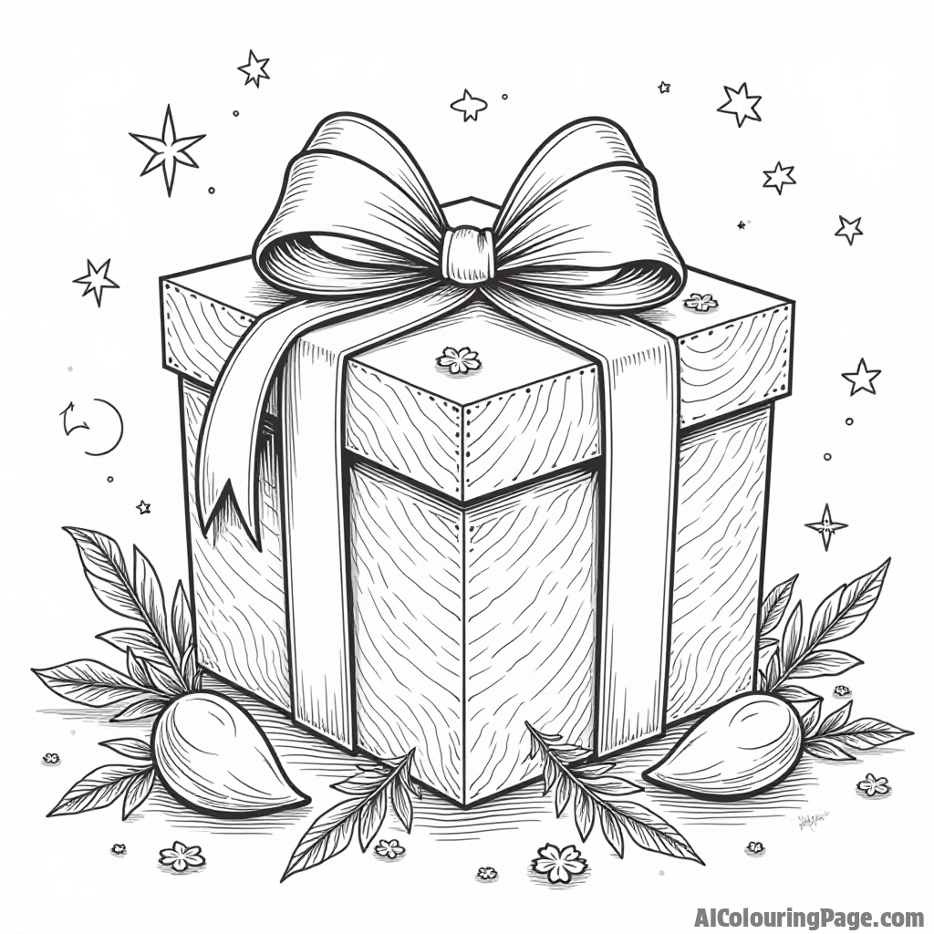 A beautiful gift box wrapped in ribbons, symbolizing the act of giving during Ramadan, surrounded by colorful decorations and patterns for children to color. Festivals and Traditions Coloring Sheets.