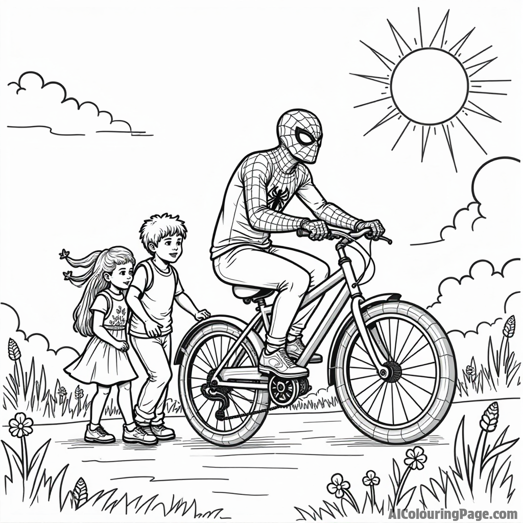 Spiderman riding a bicycle with children, a trail of flowers behind them, a bright sun shining in the sky