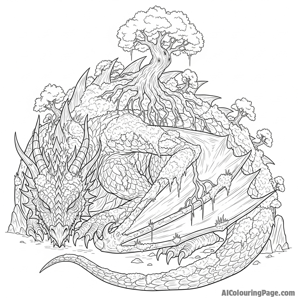 An ancient dragon covered in moss and small trees, having slumbered for centuries.