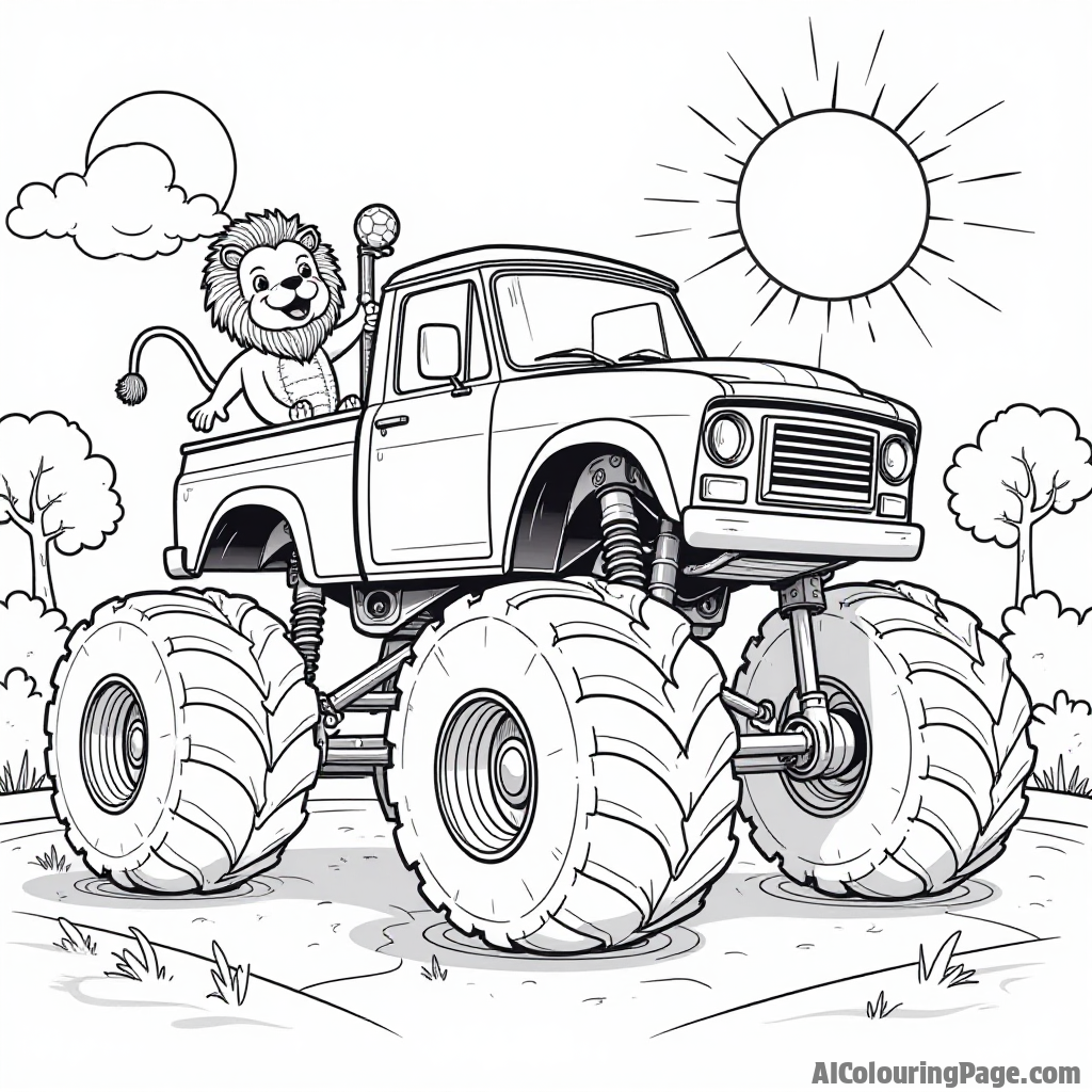 A monster truck playing soccer with cartoon animals, like a lion and a monkey, on a sunny day, providing an energetic and fun-filled coloring page for kids to bring to life.