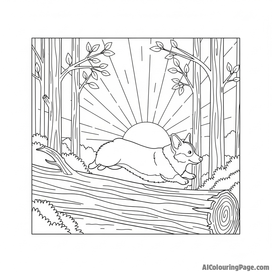 A corgi's silhouette leaping over a log in a forest at sunrise.