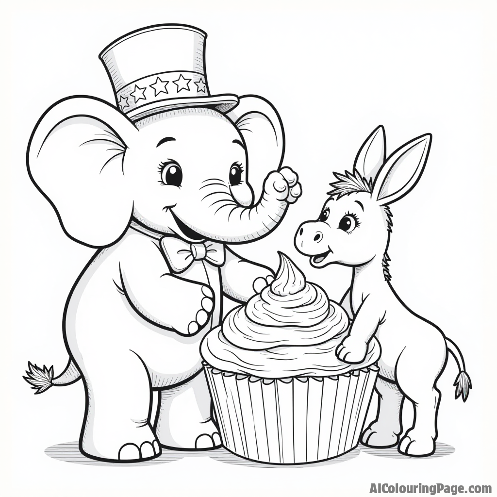 A large, friendly elephant representing the Republican Party, standing beside a donkey representing the Democratic Party, both wearing hats and sharing a giant cupcake to color.