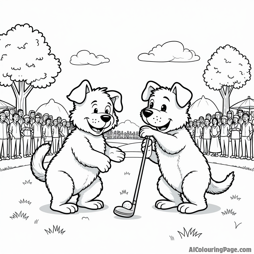 A playful scene of a dog and a cat competing in a golf tournament, with colorful flags and cheerful spectators in the background, encouraging kids to color creatively.