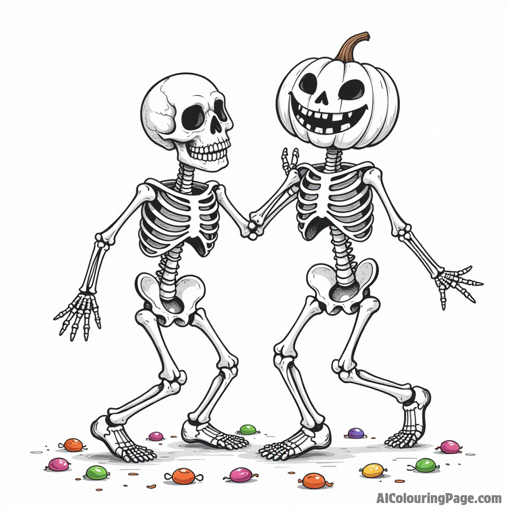 A playful skeleton dancing with a jack-o-lantern and colorful candy scattered on the ground around them.