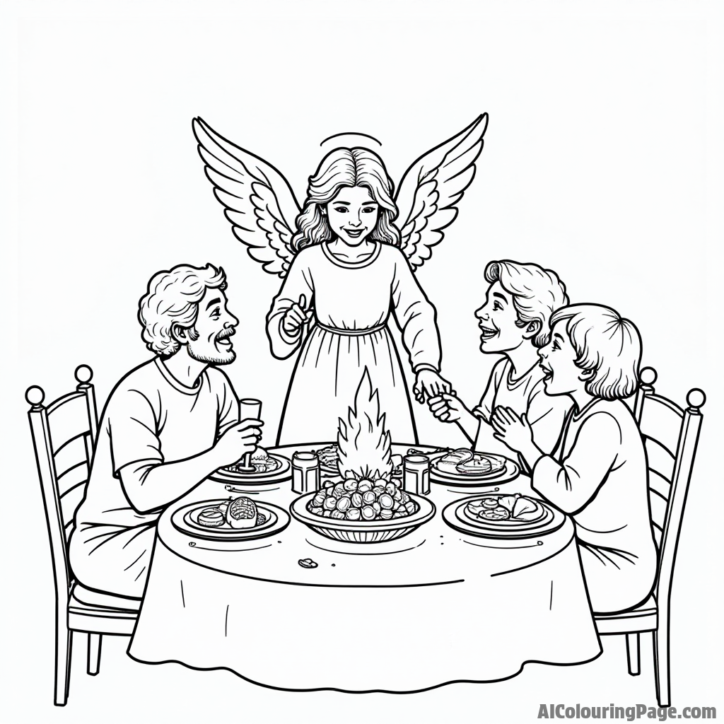 An angel blessing a family gathered around a dinner table filled with delicious food and laughter for coloring.