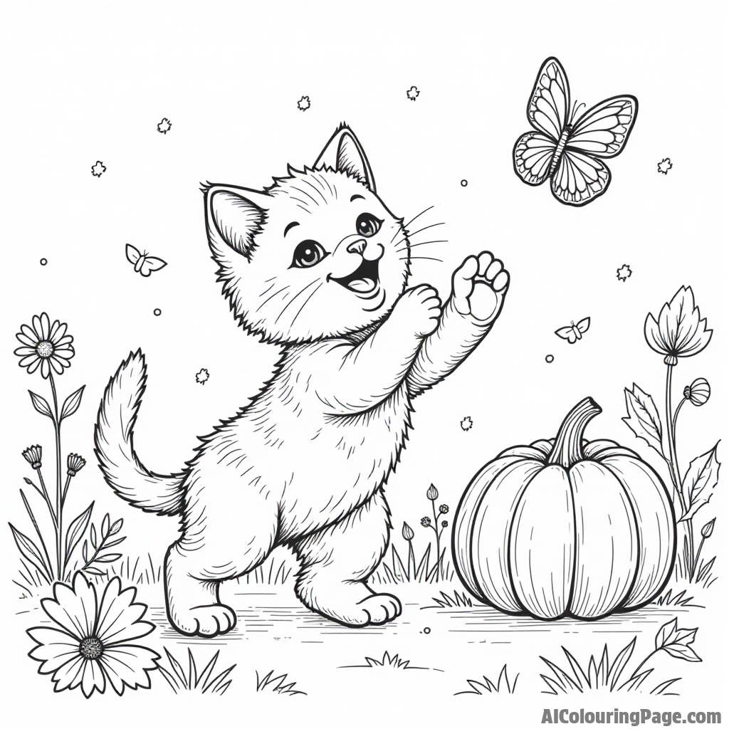 A playful kitten chasing butterflies in a field of wildflowers, with a big pumpkin and autumn leaves scattered around