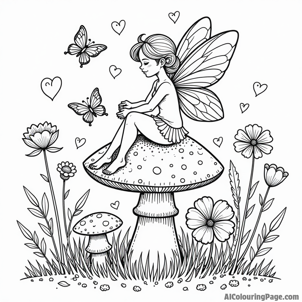 A fairy sitting on a mushroom surrounded by heart-shaped flowers and butterflies celebrating love on Valentine’s Day