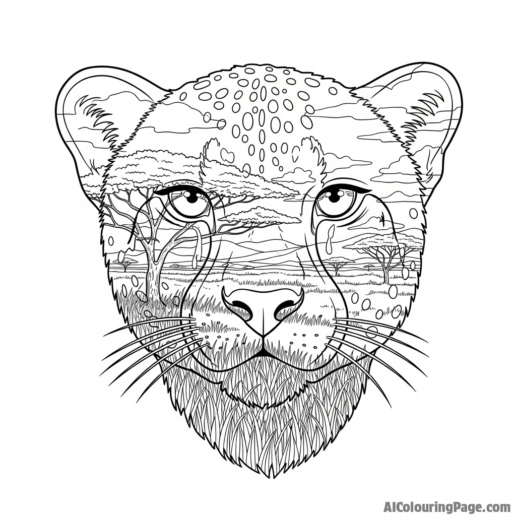 An artistic double-exposure portrait combining a cheetah's face with the savanna landscape.