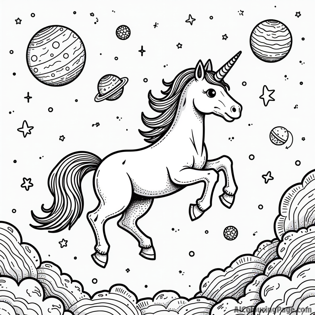 A unicorn riding a comet through space, surrounded by colorful planets and alien creatures, blending fantasy with sci-fi for coloring.