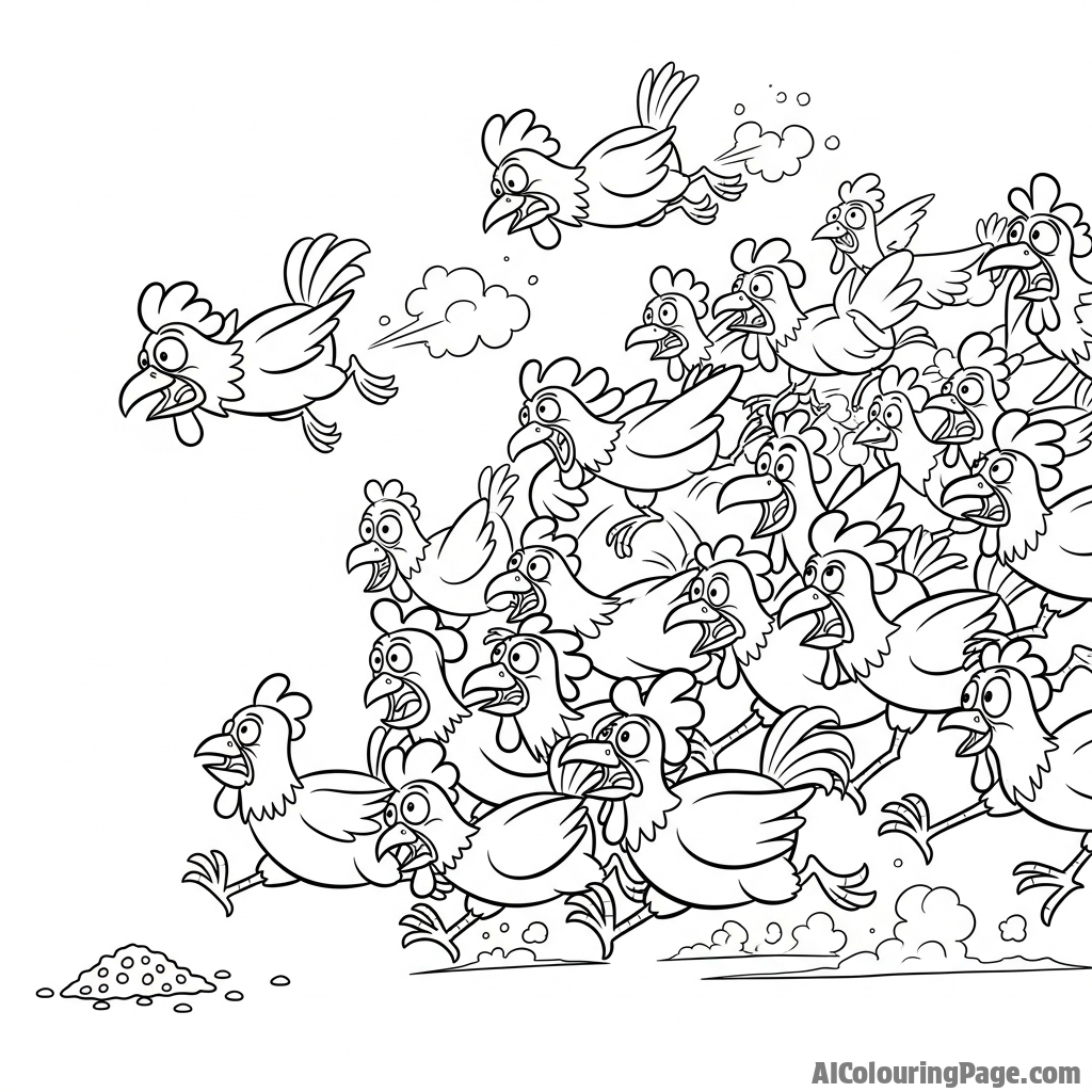 A flock of chickens stampeding towards a scattering of feed.