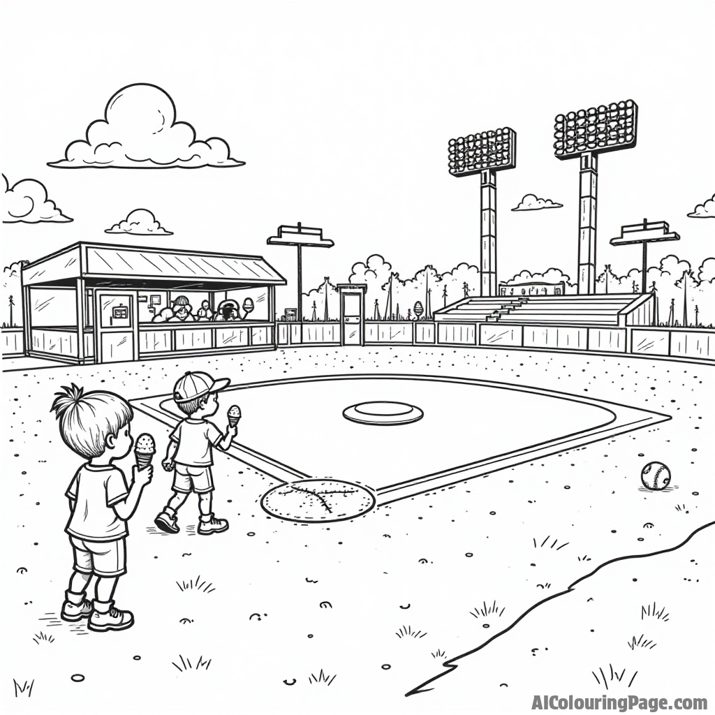 A whimsical baseball park featuring a hot dog stand, kids enjoying ice cream, and a giant scoreboard, all outlined for kids to color and imagine their game day fun.