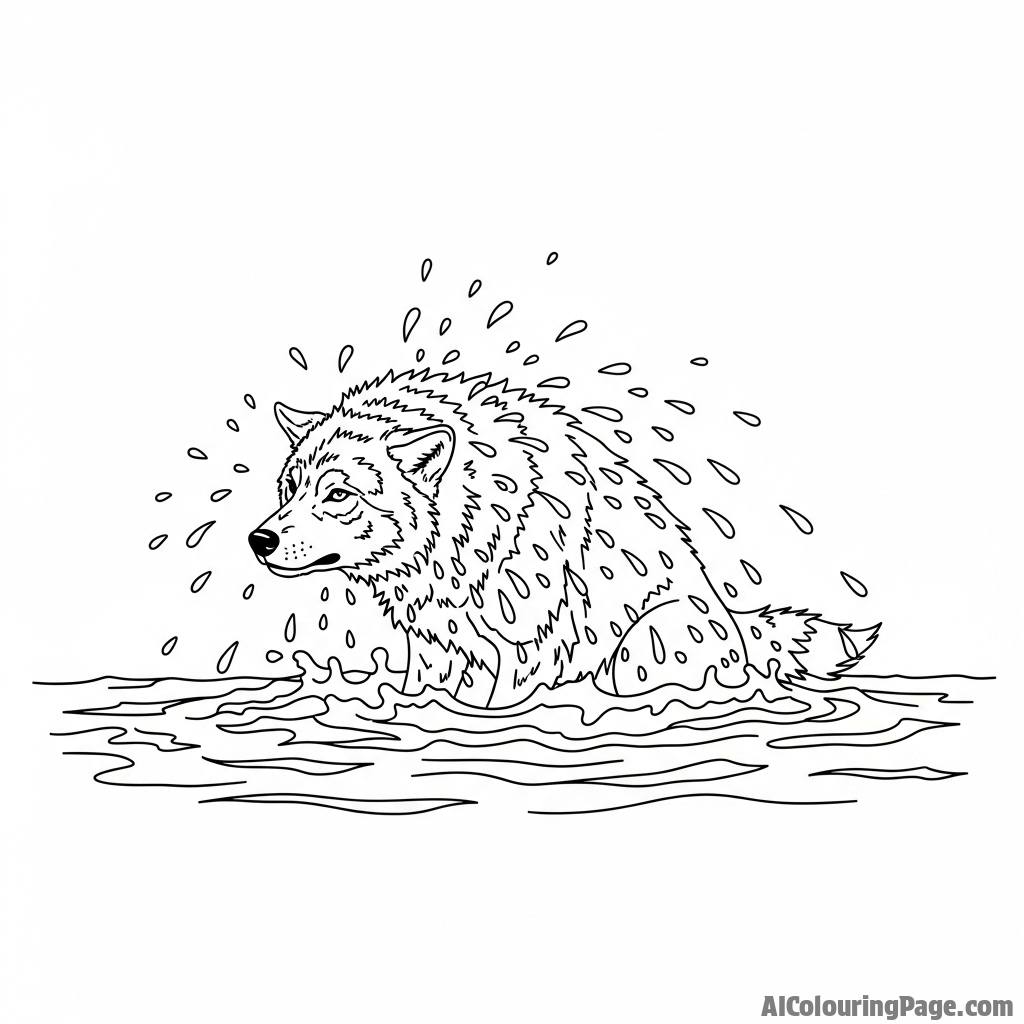 A wolf shaking water from its fur after crossing a rushing river, droplets frozen in mid-air.