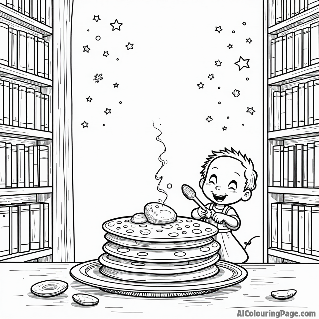 A magical library with books about pancakes, where characters come to life and create pancake masterpieces