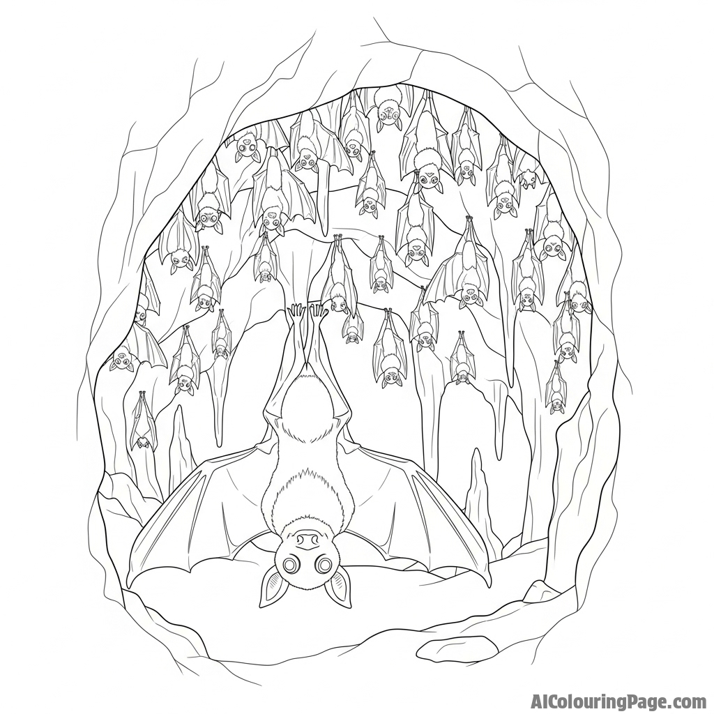 A bat hanging upside down in a cavern, surrounded by thousands of others