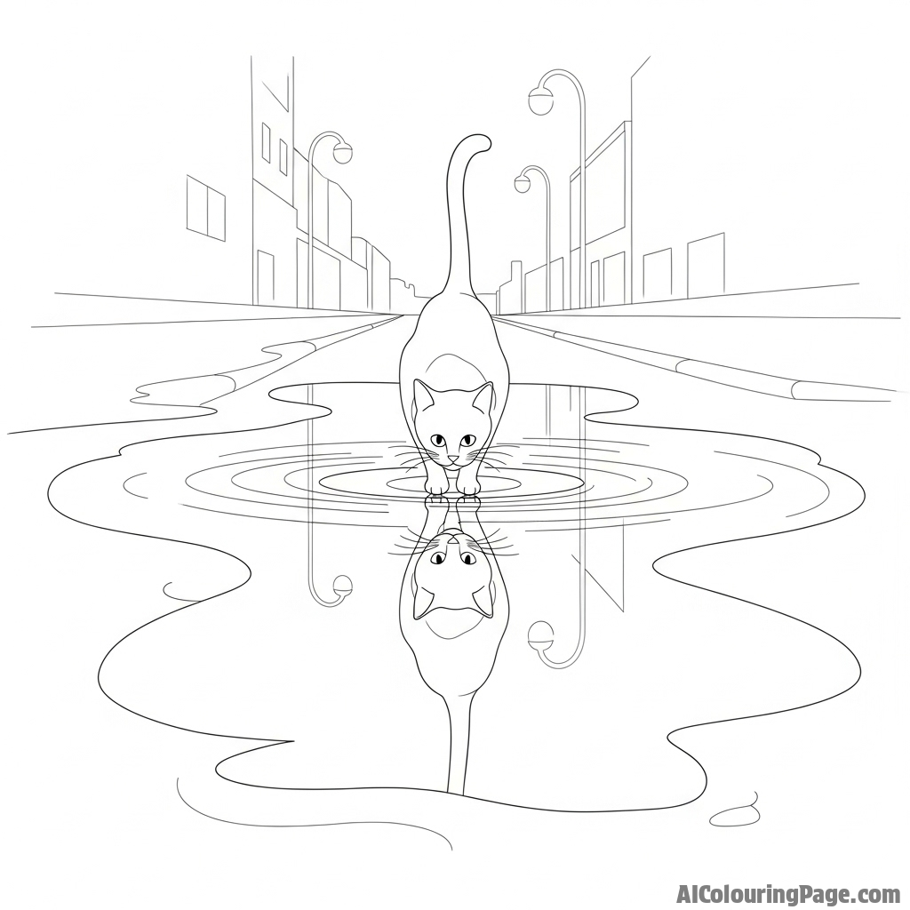 A cat's reflection in a puddle on a rain-slicked city street at night.