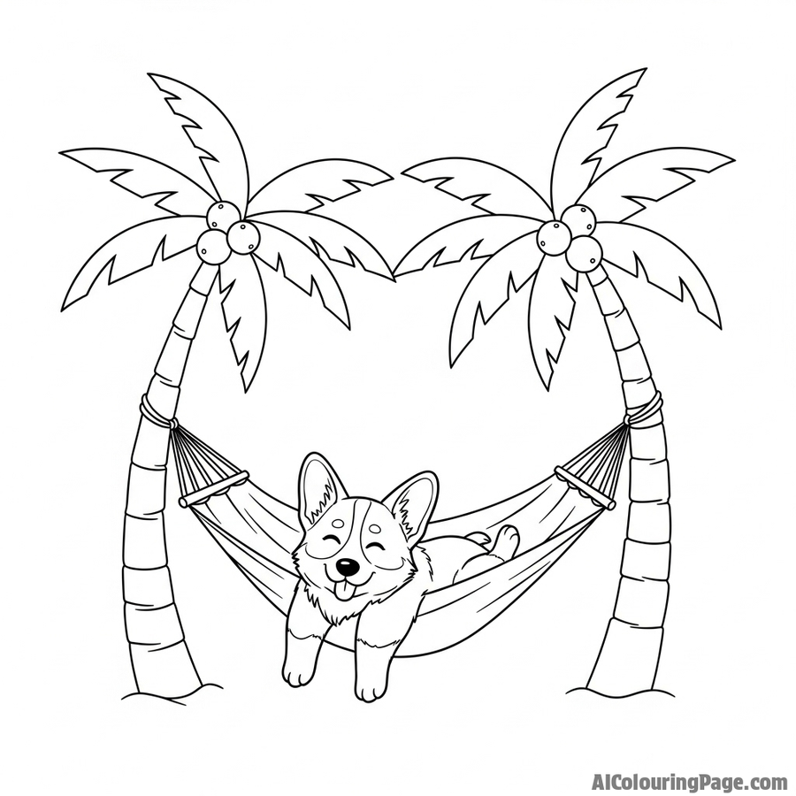A corgi lounging in a small hammock strung between two palm trees.