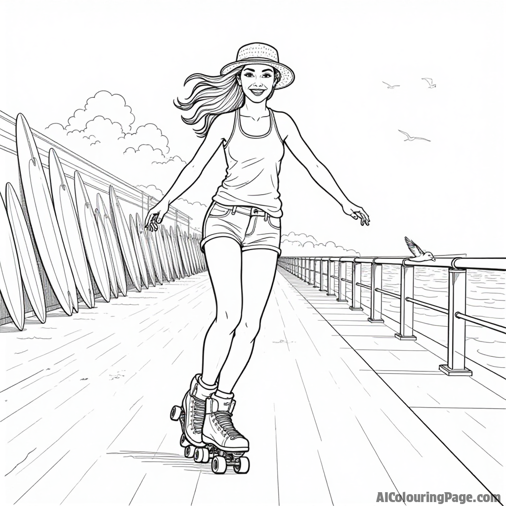 A girl roller-skating along a beach boardwalk, with surfboards and seagulls in the background, capturing the essence of summer sports activities in a vibrant black and white coloring scene.