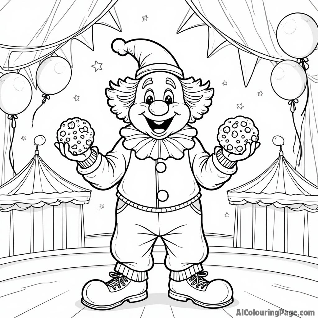 A cheerful clown juggling cookies at a circus, with balloons and colorful decorations creating a festive atmosphere.