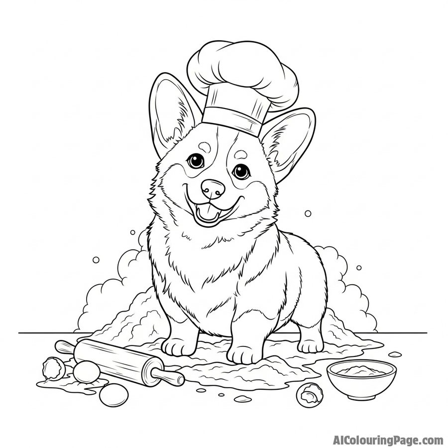 A corgi wearing a tiny chef's hat, surrounded by flour and baking ingredients.