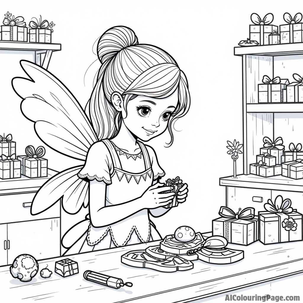 A fairy crafting tiny gifts for children while working in a cozy workshop filled with colorful toys