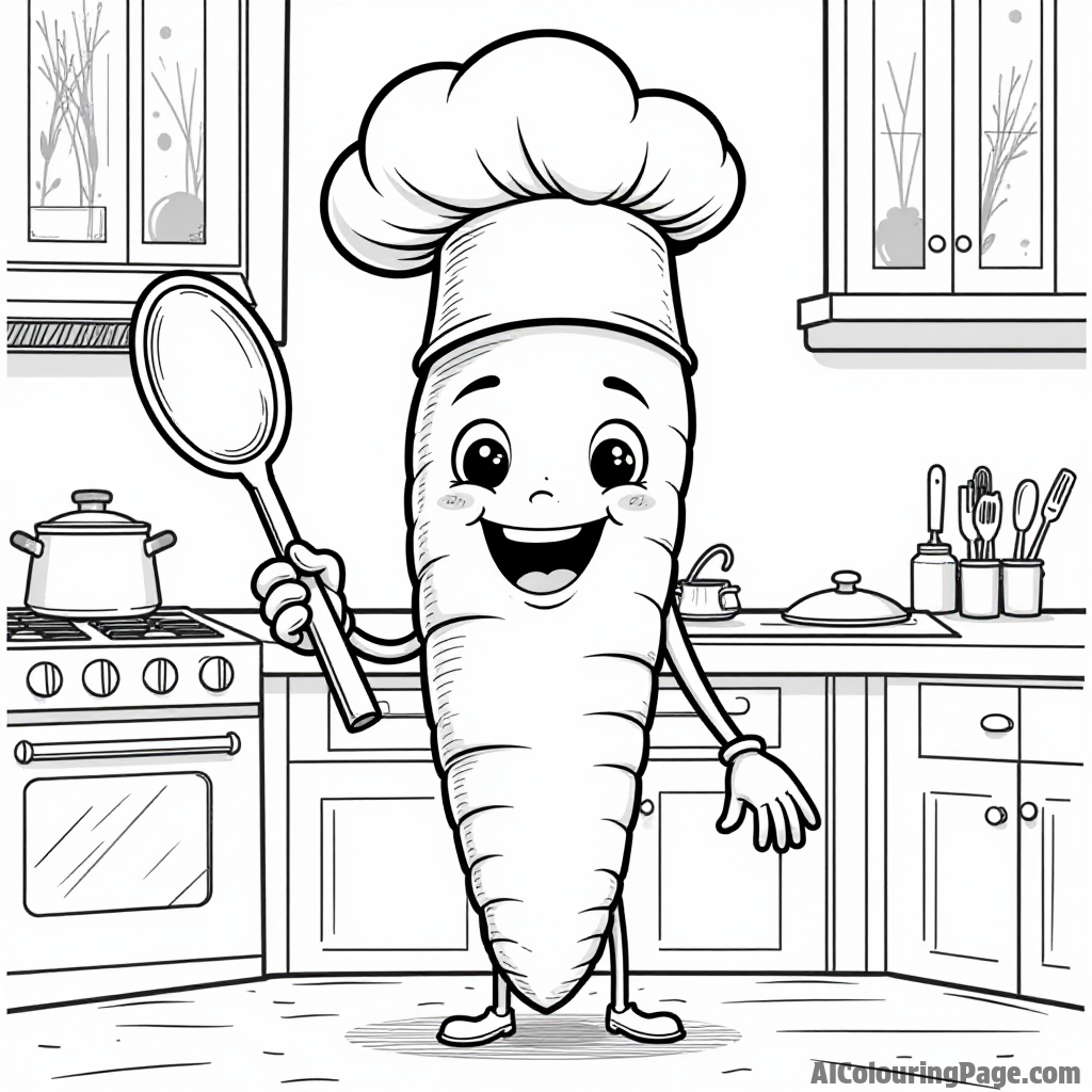 A happy carrot character wearing a chef hat, holding a giant spoon, surrounded by various kitchen utensils in a cozy kitchen.