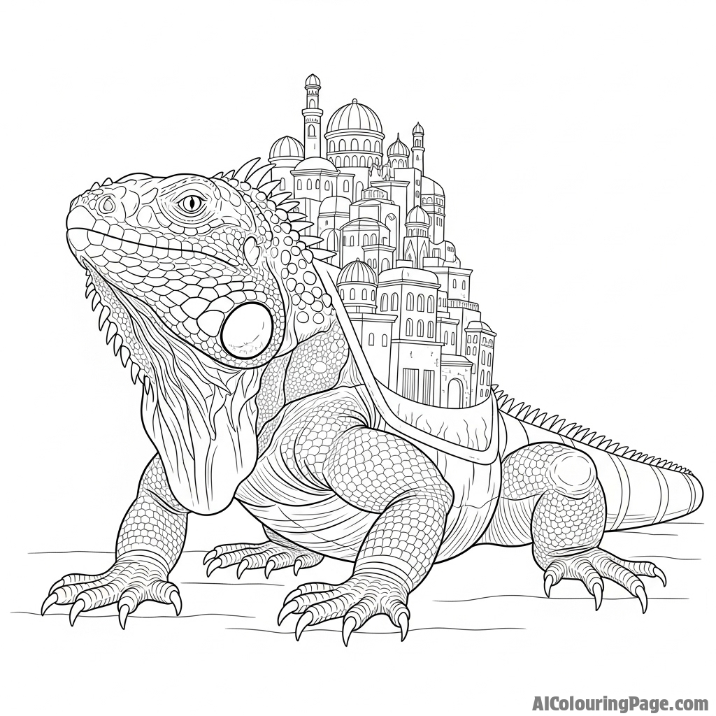 A fantasy scene of a giant iguana carrying a small, ancient city on its back.