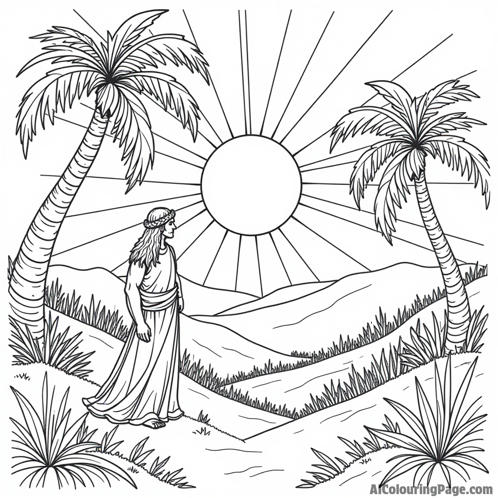 The sun rising over the Garden of Eden with Adam and Eve