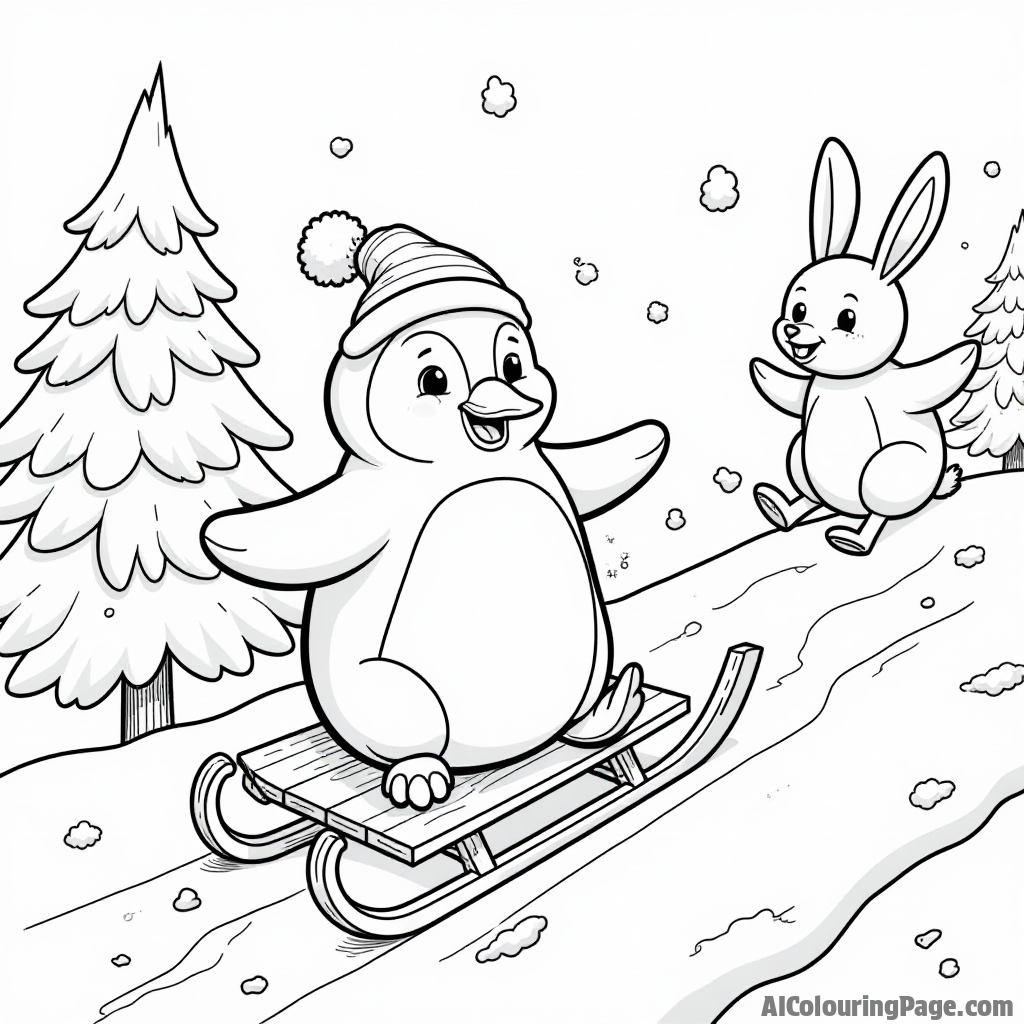 A penguin riding a sled down a snowy slope with a joyful rabbit and a tree covered in snow nearby.