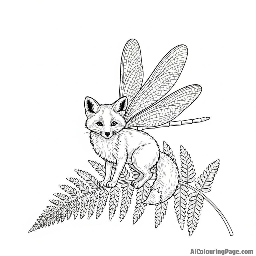 A tiny fox with delicate, translucent dragonfly wings perched on a fern.