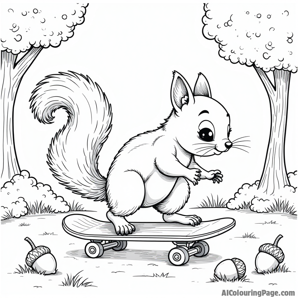 A playful squirrel balancing on a skateboard in a park, with acorns and a picnic blanket nearby, providing an adorable scene for children to enjoy coloring.