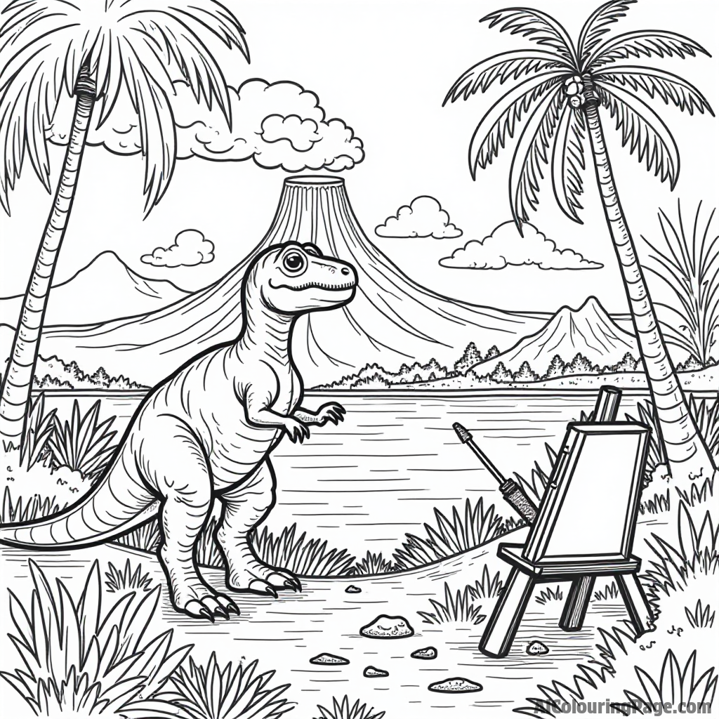 A dinosaur artist painting a picturesque landscape with a colorful volcano in the background and lush foliage.