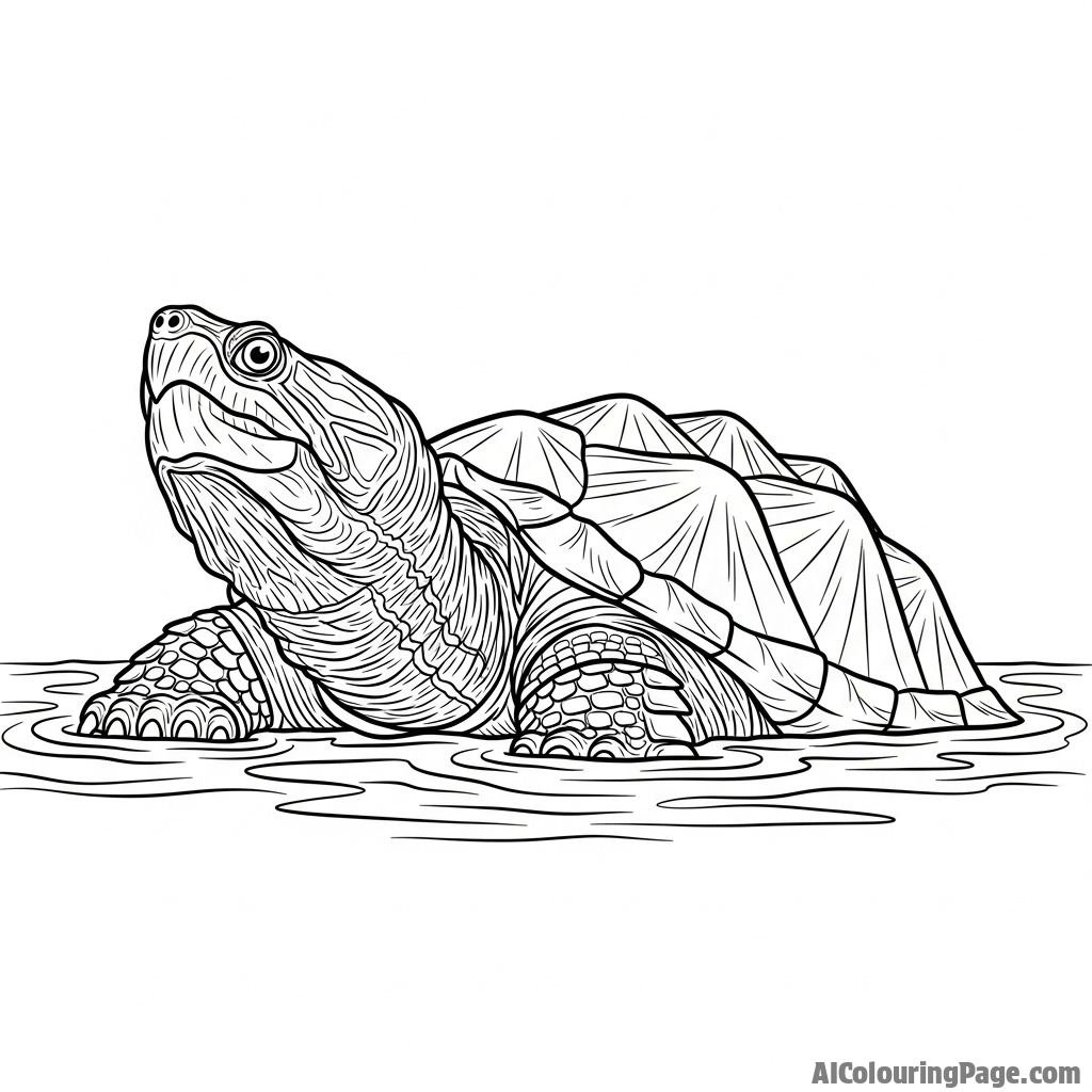 A powerful snapping turtle emerging from murky swamp water.
