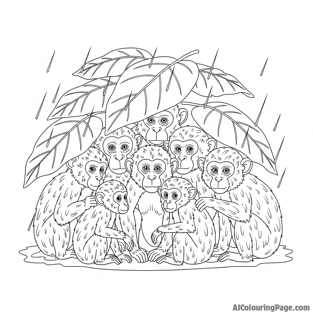 A group of monkeys huddled together for warmth during a rainstorm.