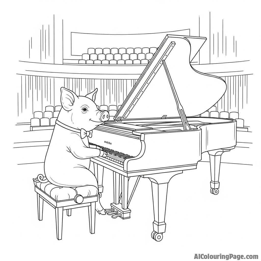A sophisticated pig playing a grand piano in a concert hall.
