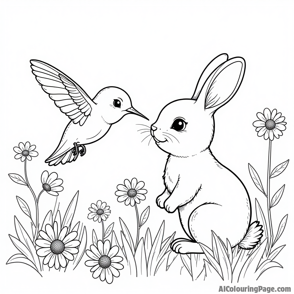 A hummingbird and a cute bunny sharing a moment in a lush meadow full of daisies.