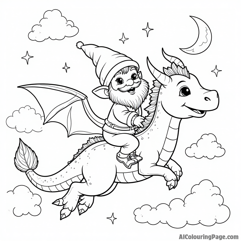 A cheerful gnome riding a friendly dragon through the clouds, with stars and a crescent moon in the background.