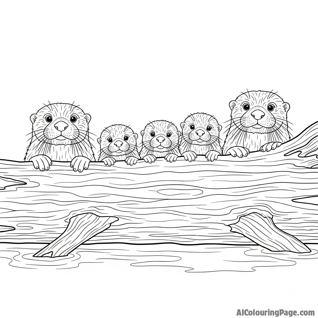 A family of river otters peering curiously from a fallen log.