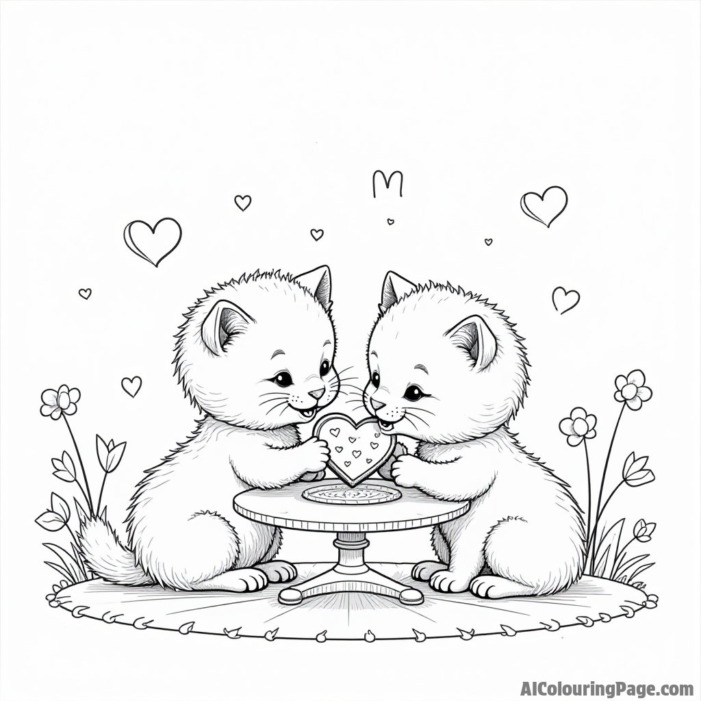 A pair of adorable kittens sharing a heart-shaped cookie on a small table decorated with flowers for Valentine’s Day